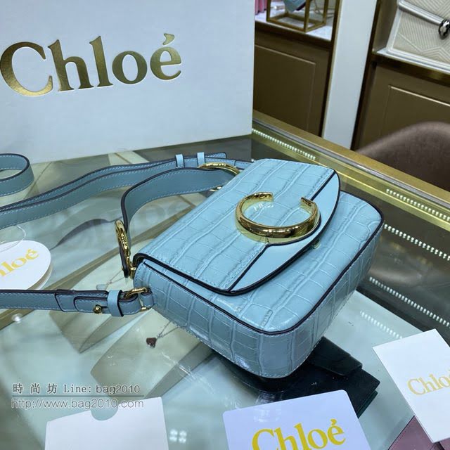 Chloe女包 克洛伊經典C Bag淺藍色鱷魚壓紋包包 Chole手提肩背斜挎包  jjh1267